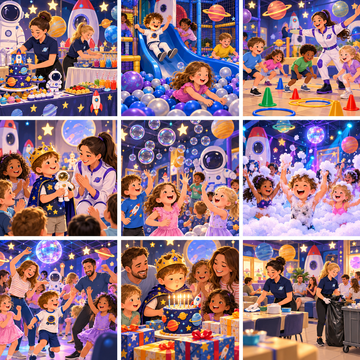 Tavola illustrata a tema spazio con le fasi di una festa di compleanno per bambini a Bimbolandia